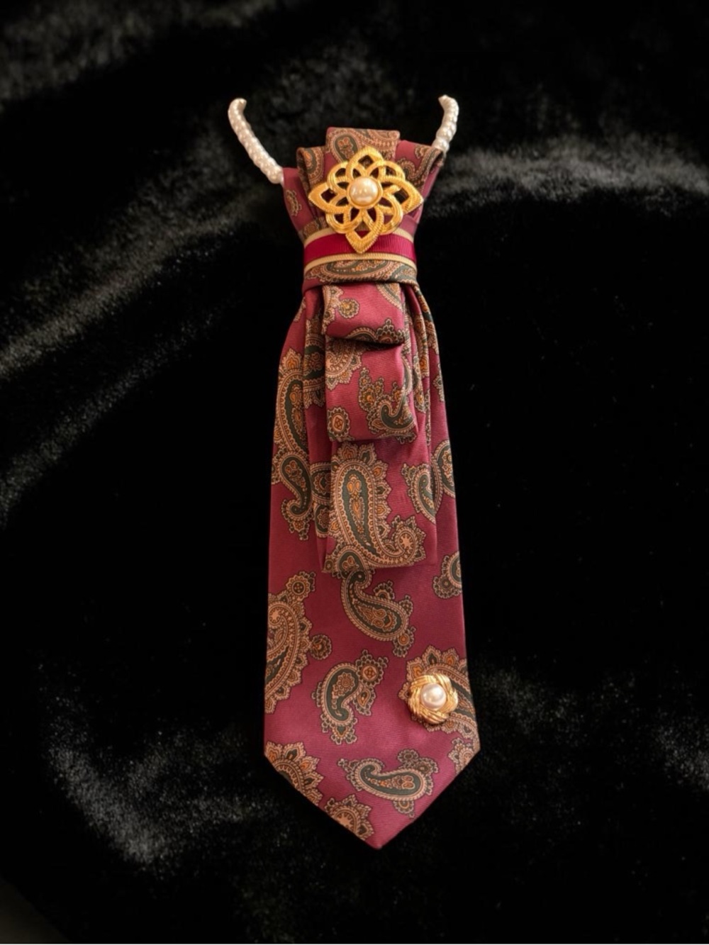 Classic Burgundy Paisley Tie Necklace with Gold Accents - Women’s Accessory
